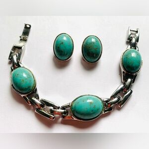 Turquoise Glass Cabochon Bead Bracelet and clip on Earring Set